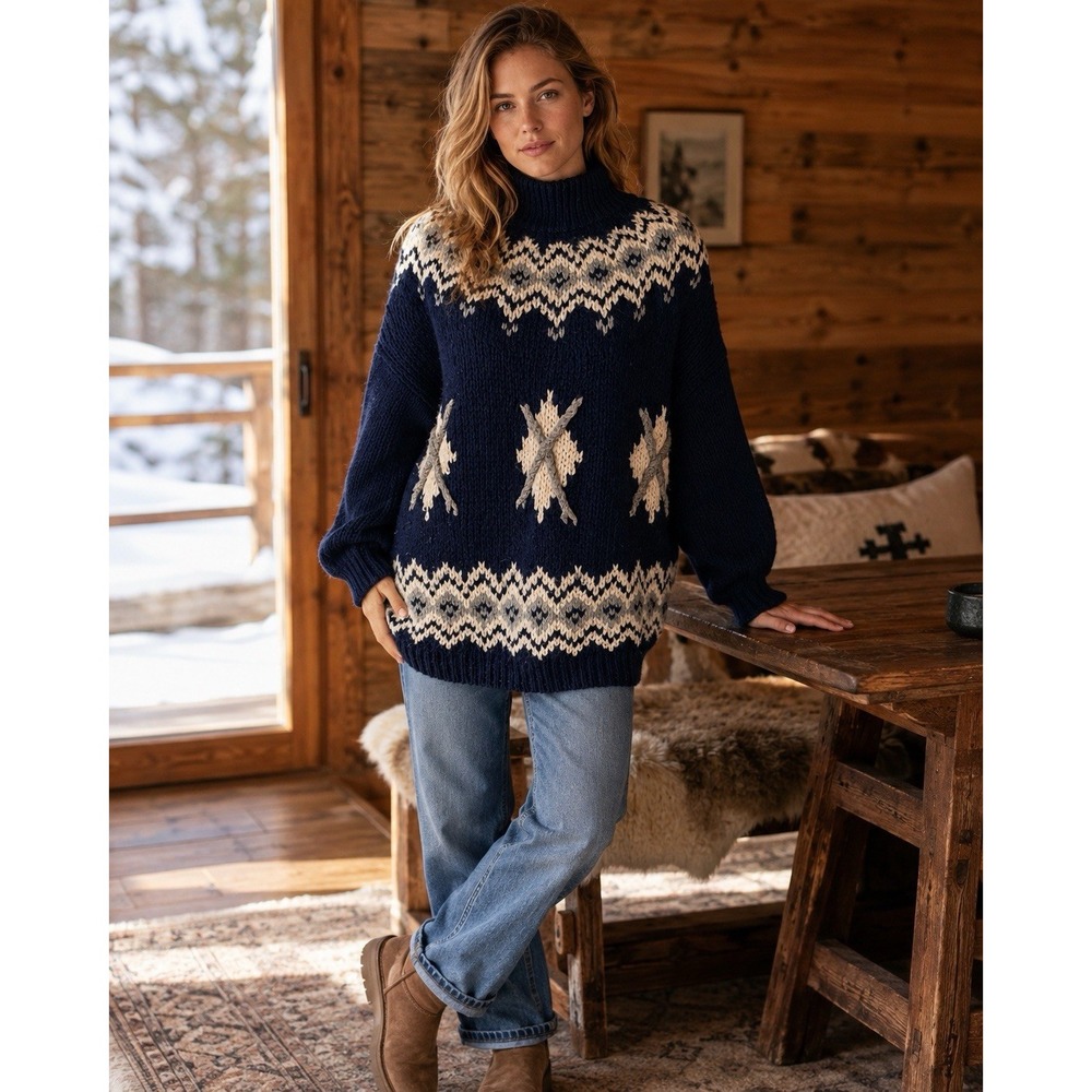 Chunky Fair Isle Nordic Sweater M Navy Cream Mock Neck Relaxed Oversized Knit